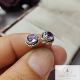 Natural Amethyst Stud Earring, Boho Stud, 925 Sterling Silver Jewelry, Handmade Jewelry, Round Amethyst Vintage Look Stud Earring, Gift Idea